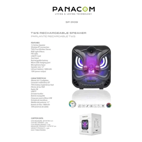 Parlante Panacom SP-3109 Recargable 12" 10W RGB