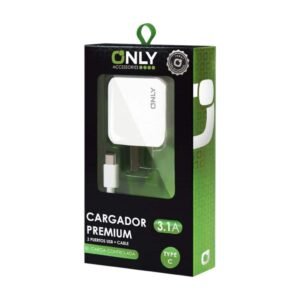 CARGADOR 220V ONLY MOD02 – 2 USB + CABLE TC BLANCO