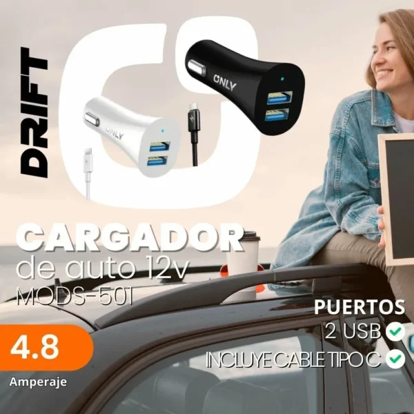 CARGADOR 12V DRIFT 2 USB + CABLE TIPO C XAEA